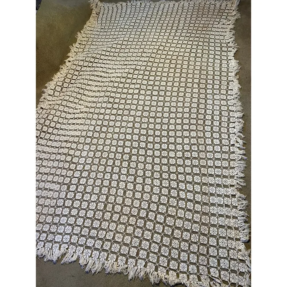 Vtg Handmade 77x112” Crocheted Table Cloth Tan Beige Crochet Bed Coverlet